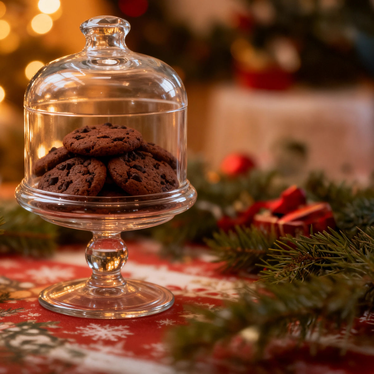 The cake stand holding chocolate cookies on a festive table with pine branches and lights