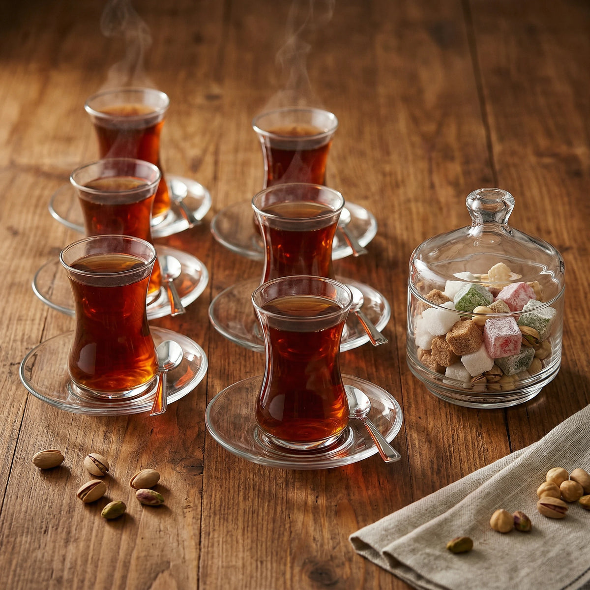 Six glasses of tea with spoons on a wooden table, beside the sugar bowl holding Turkish delight and pistachios