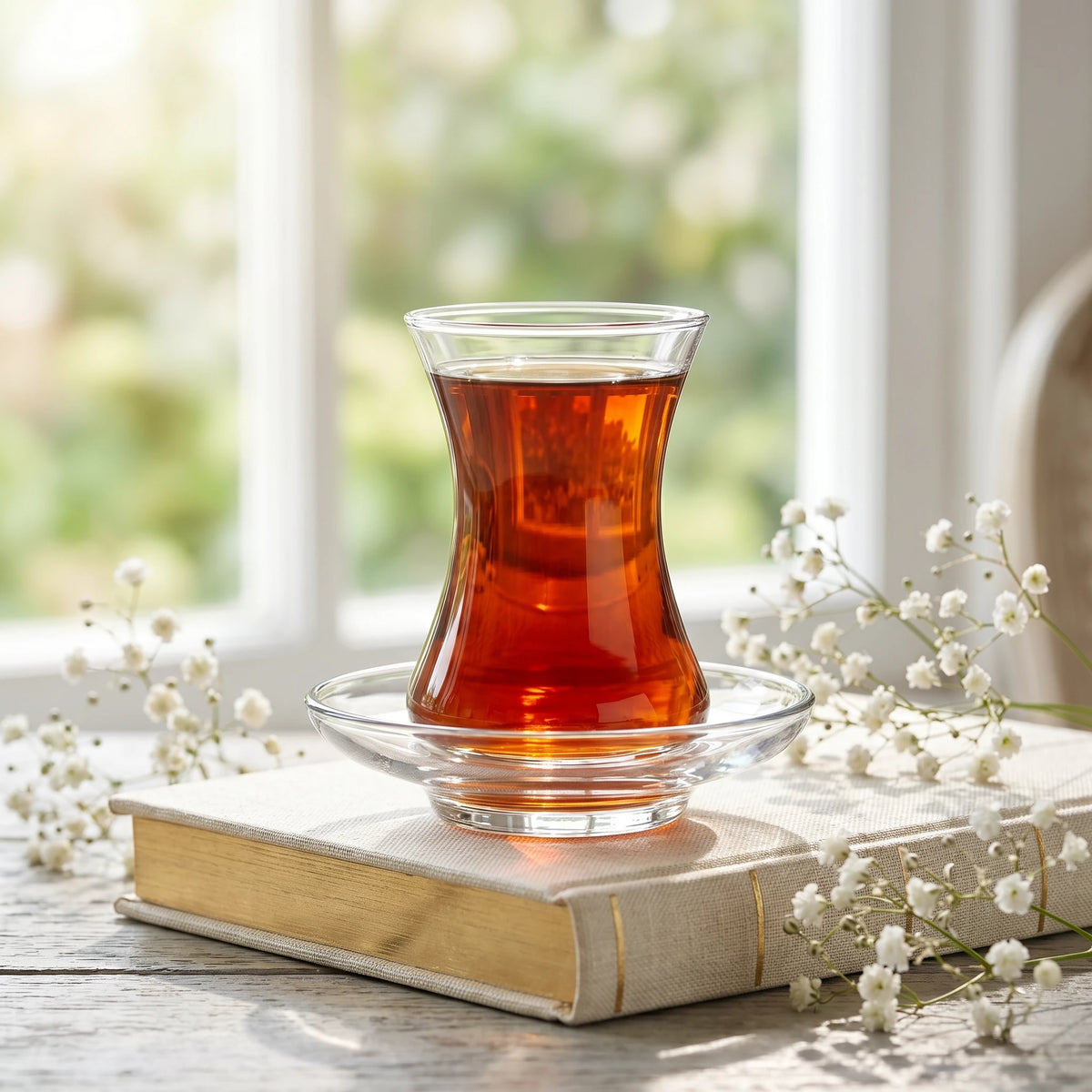 A single glass of Turkish tea on its saucer, resting on a linen-bound book beside a window