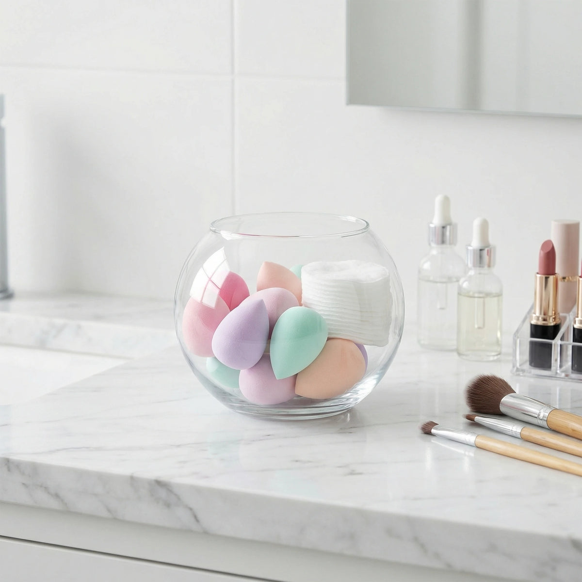 The bowl holding make-up sponges and cotton pads on a marble bathroom counter